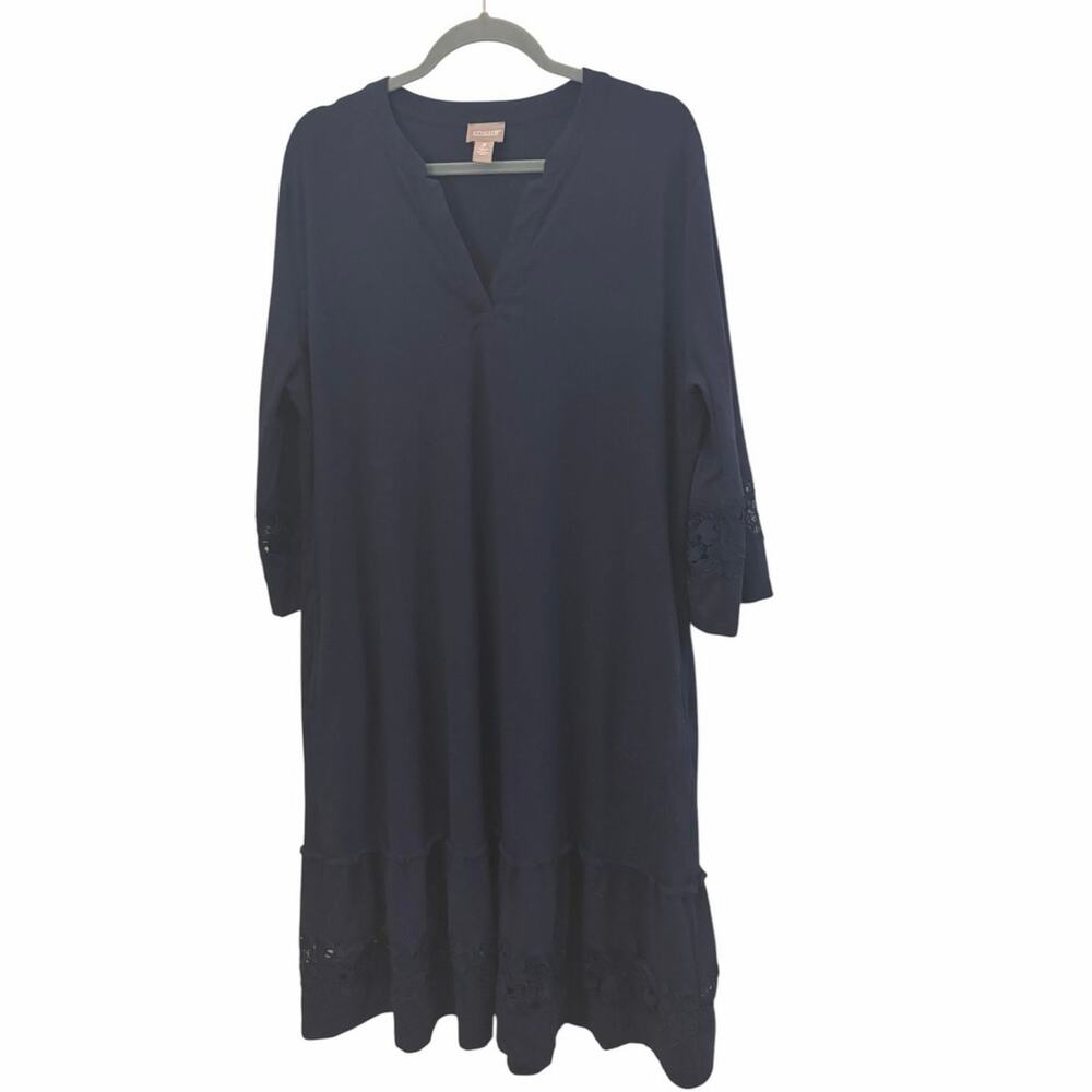 Chicos Blue Cotton Dress 3/xl Cut Out Sleeve Detail Ruffle Hem Preppy Coastal
